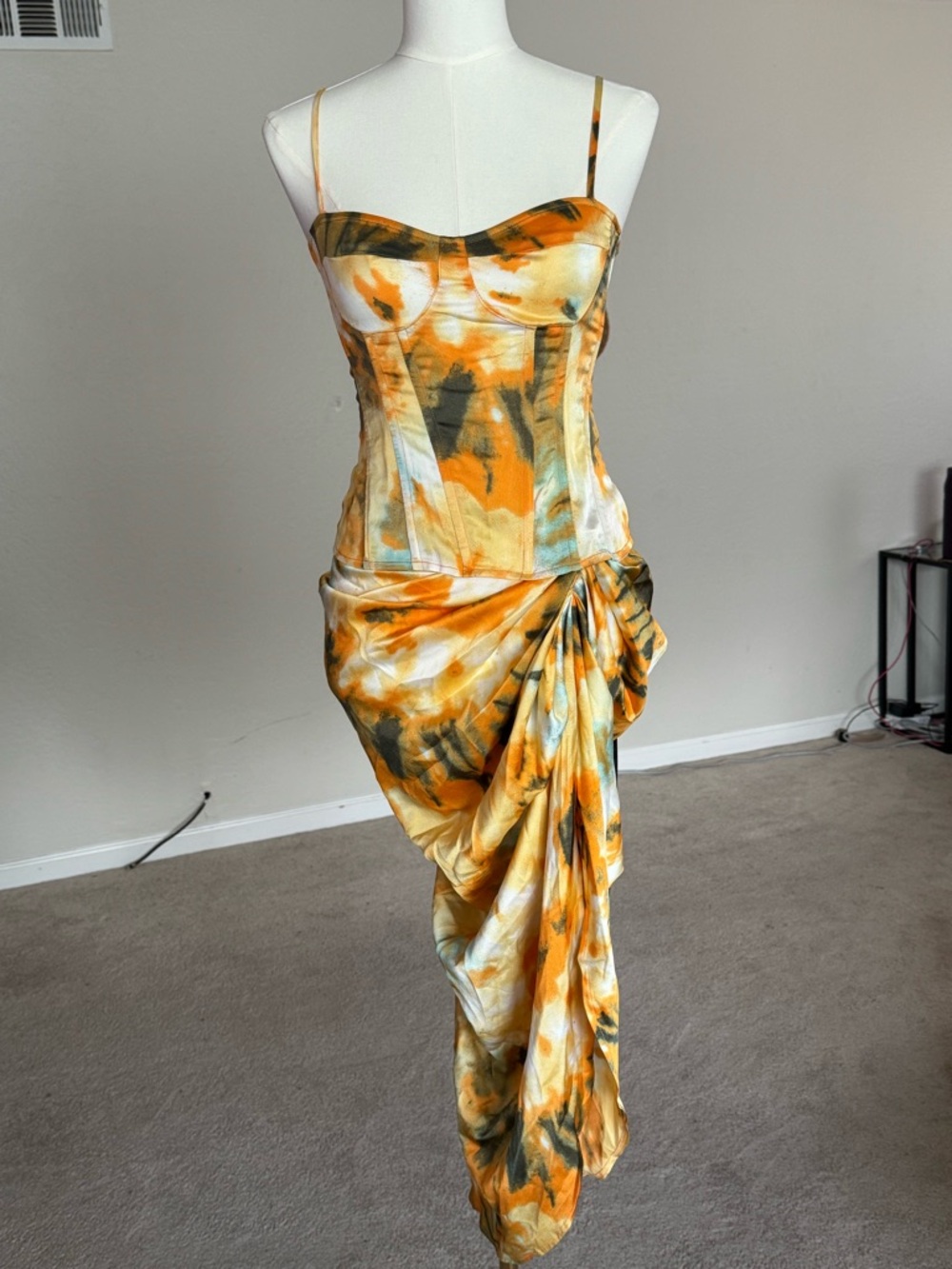 Boohoo Yellow and Green Tie-Dye Corset Maxi Dress